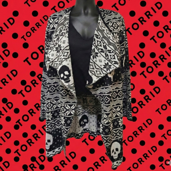 torrid Sweaters - PLUS SIZE - Torrid Black White Skull Fair Isle Nordic Knit Drape Front Cardigan
